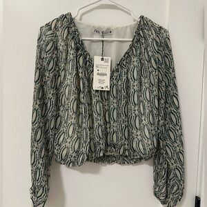 Zara Patterned Blouse in Black and Cream and blue -New